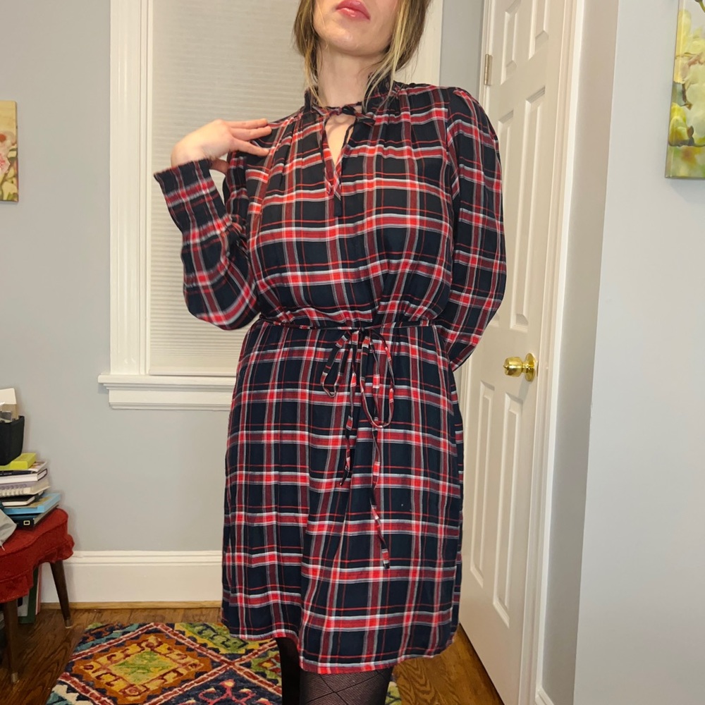 Red and blue Plaid long sleeve prairie dress with fabric waist tie by Loft ♥️